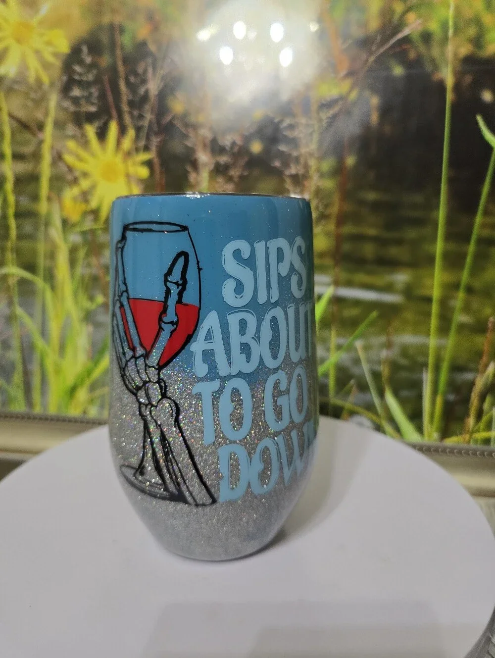 Handmade 16oz Wine Tumbler Blue Silver Glitter Skeleton Halloween Drinkware